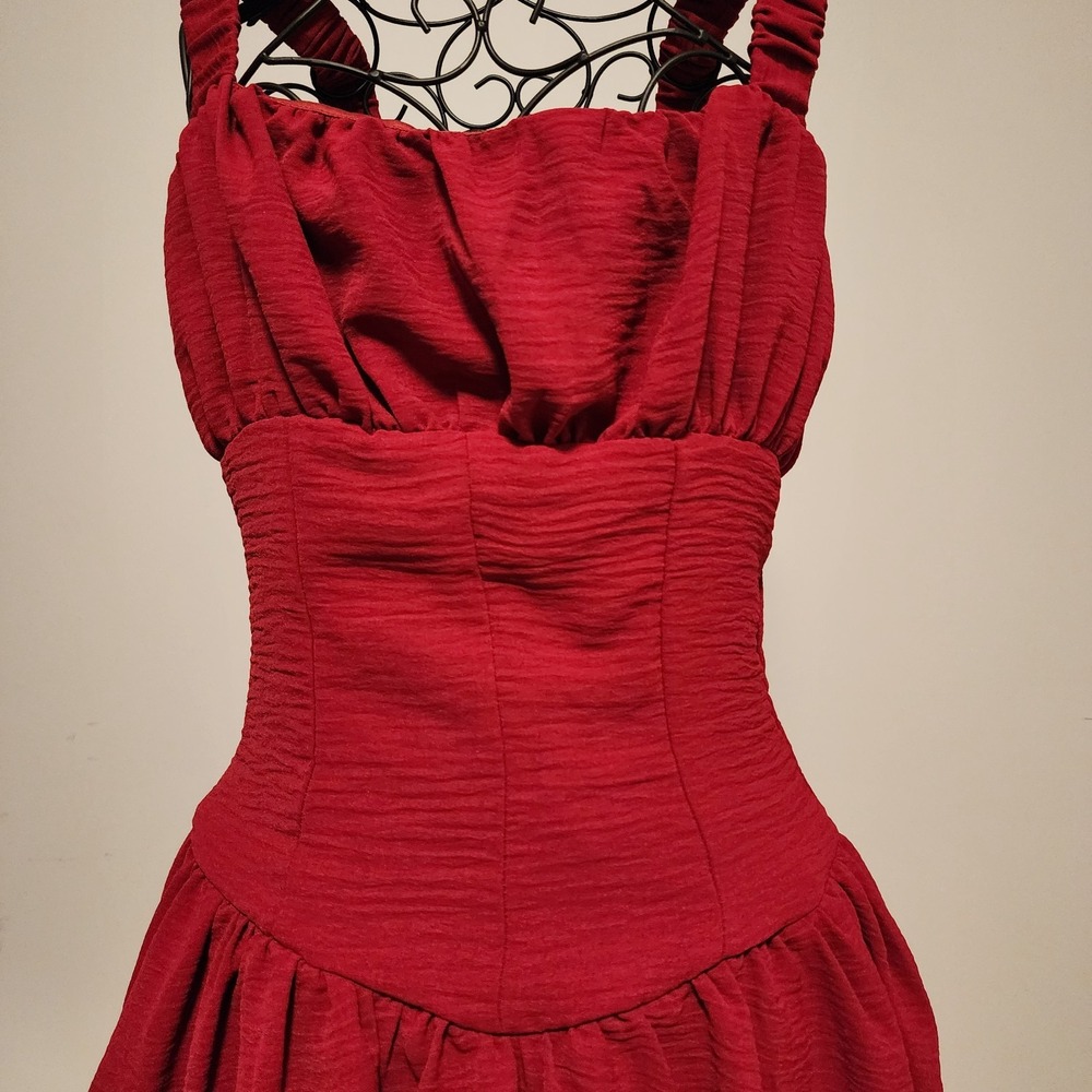 Urban Outfitters Red Ruched Bubble Hem Mini Dress Textured Fit & Flare Size S - Picture 4 of 7